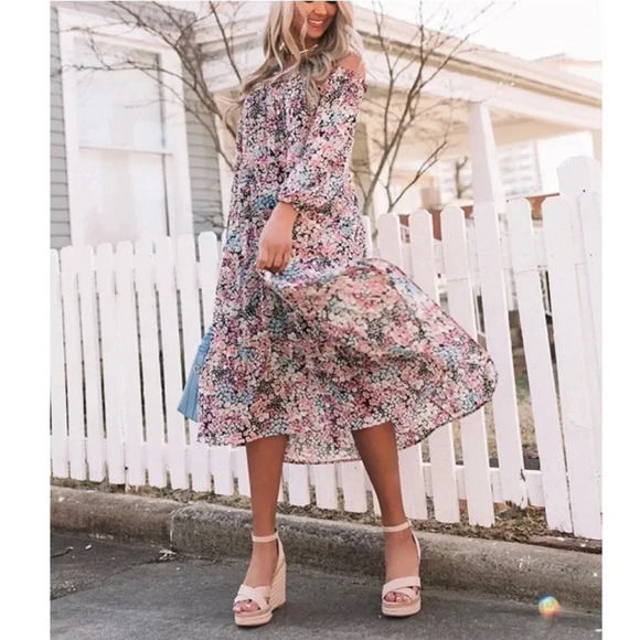 VICI Off the‎ Shoulder Floral Tiered Midi Dress Size Medium EUC - Picture 1 of 9